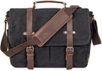 Vintage Genuine Leather Waxed Canvas Briefcase Large Satchel Shoulder Bag Rugged Computer 15.6" Laptop Bag