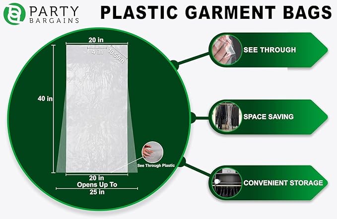 PARTY BARGAINS 40 x 25 Inch Disposable Clear Garment Bags, 100 Pack – Heavy-Duty Plastic Clothes Covers for Suits Dresses Coats, Closet & Travel