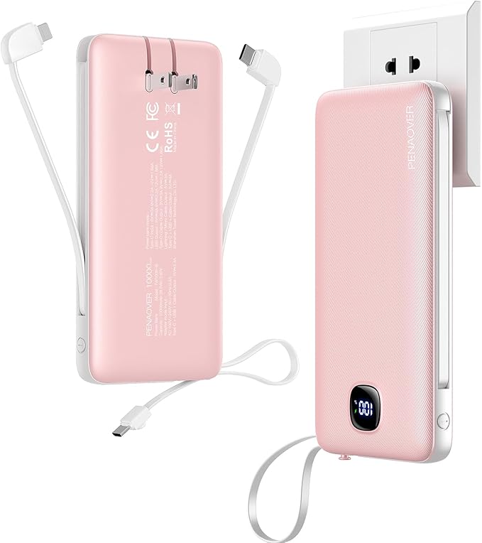 penaover Portable Charger with Built-in Cables&AC Wall Plug,Slim 10000mAh 22.5W Fast Charging Power Bank,5 Output 2 Input USB-C External Battery Pack Compatible with iPhones,Samsung,Android, etc