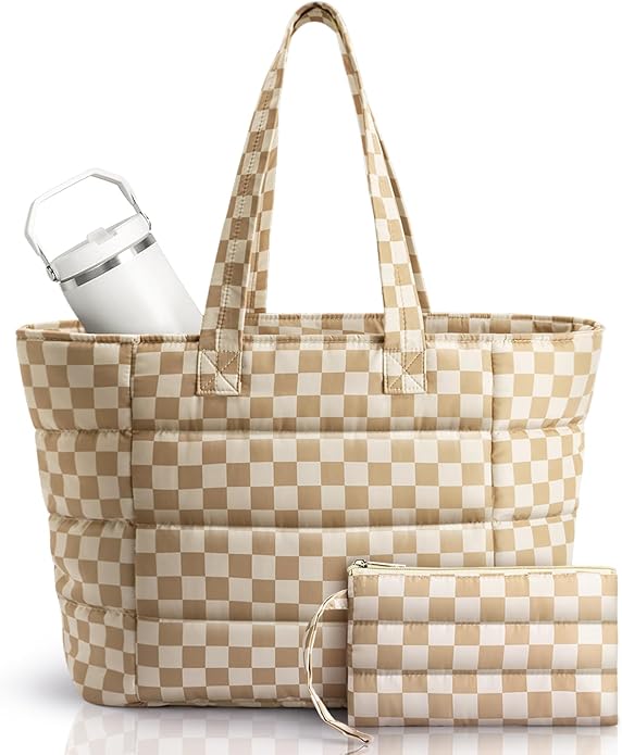 Puffer Tote Bag with Pouch,Women's Lightweight Quilted Shoulder Bag,15.6"/17.3" Laptop Travel Weekender for Work & Nurses