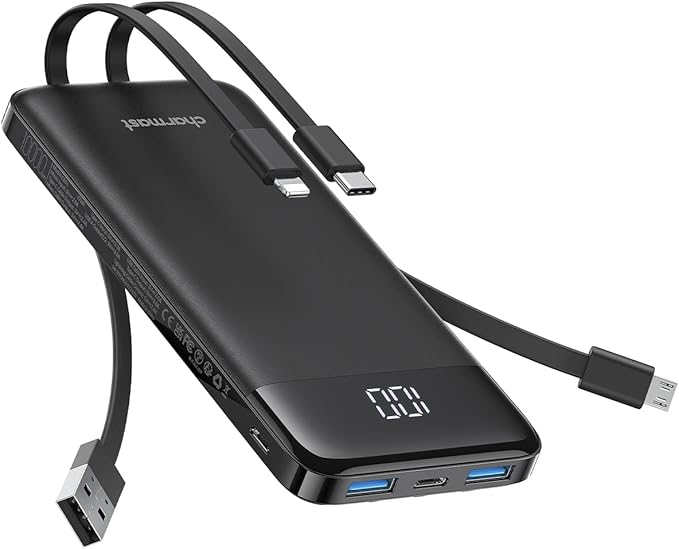 charmast 10000mAh Portable Charger with Built in Cables, 22.5W Travel Essential Power Bank Fast Charging, USB C Battery Pack for iPhone 17/16/15/14/13/12/11 Series, iPad, Samsung, Android, Tablet