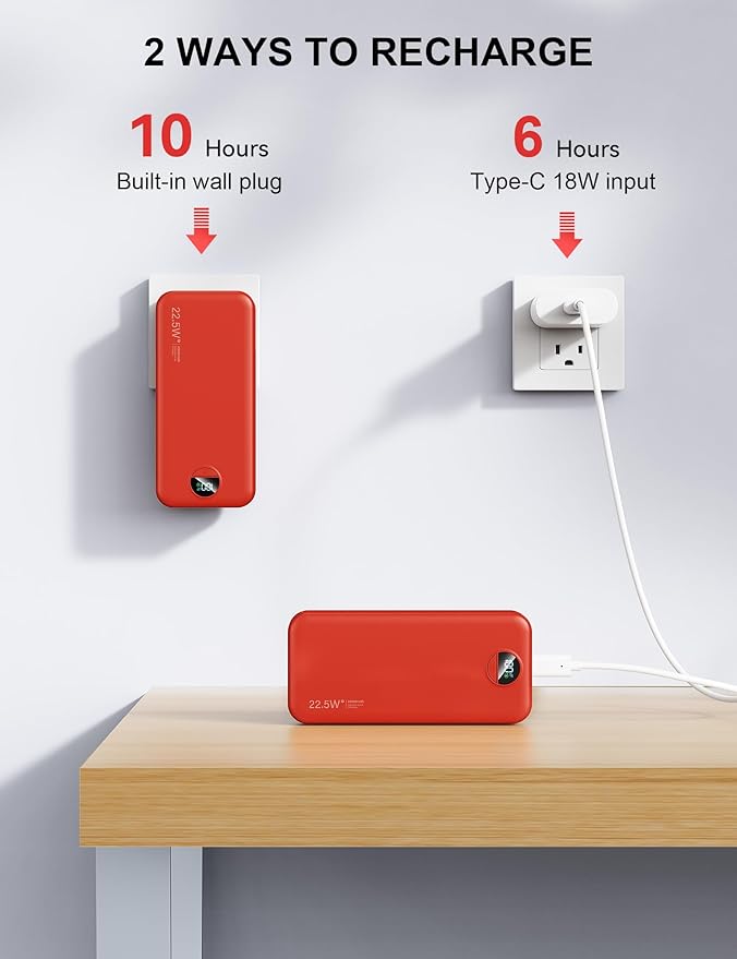 Portable Charger, 20000mAh 22.5W Fast Charging Power Bank with Built-in Cables & Wall Plug, USB C External Battery Pack with LED Display, Travel Essentials Phone Charger for iPhone iPad Samsung Red