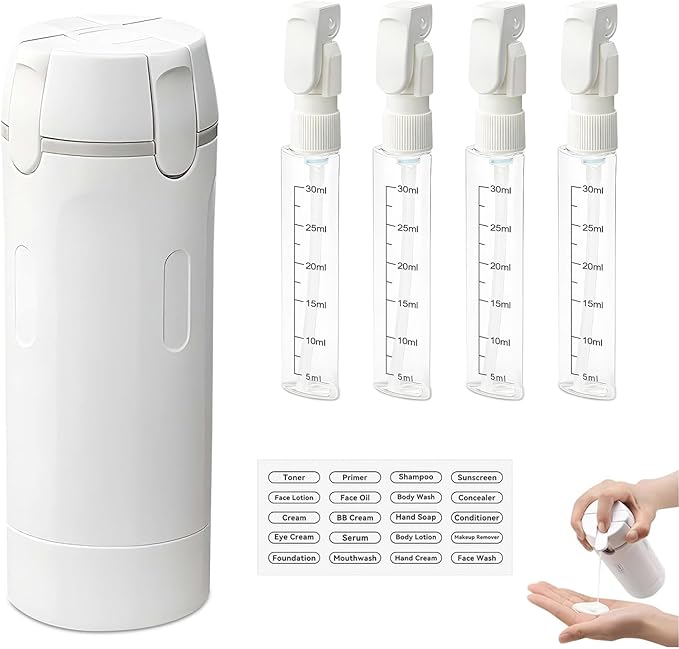 4 in 1 Travel Dispenser Bottle, 4-in-1 Refillable Travel Dispenser Bottles, 4 Pack 30ML Travel Bottles for Toiletries, 2026 New Portable Travel Containers for Shampoo Lotion Conditioner (White)