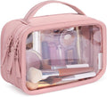 BAGSMART Double Layer Clear Makeup Bag, TSA-Approved Toiletry Bag, Large Opening with Handle, Cute Water-Resistant Travel Cosmetic Bag with Double Zipper for Car Essentials(Pink)