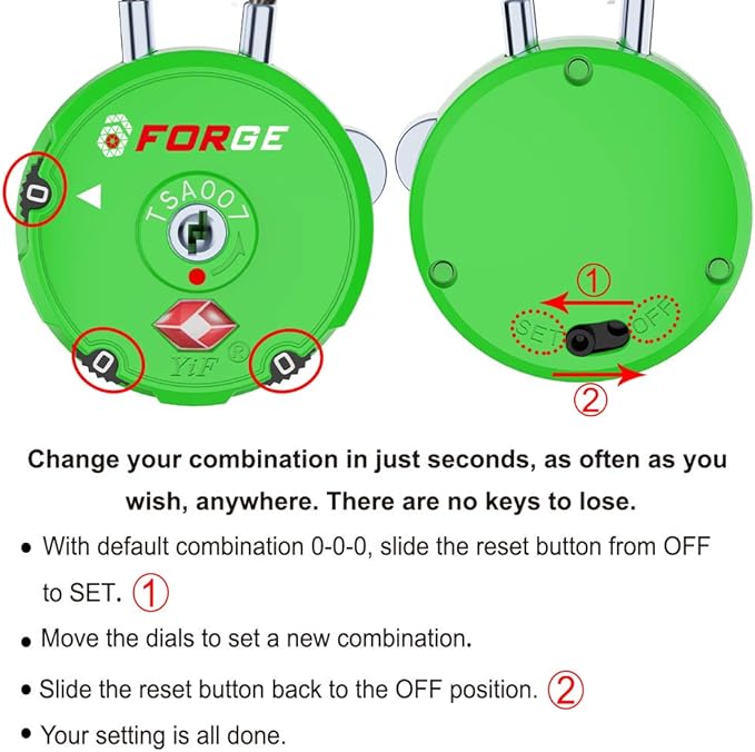 Forge Quality TSA Approved Luggage Locks for Travel Accessories, Suitcase, Pelican case, Ammo Boxes, Set Your own Combination, Zinc Alloy Body-Cable Green 2 Locks