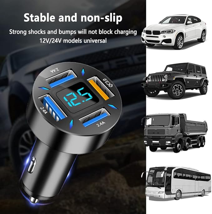 Car Charger 66W Super Fast Charging with USB 2.4A&QC 3.0(Voltmeter&LED Lights) Universal Quick Charge for 12-24V Car Cigarette Lighter Plug,Compatible with iPhone 14 13 12,S22 (2Pcs-Black-QC/2.4A)