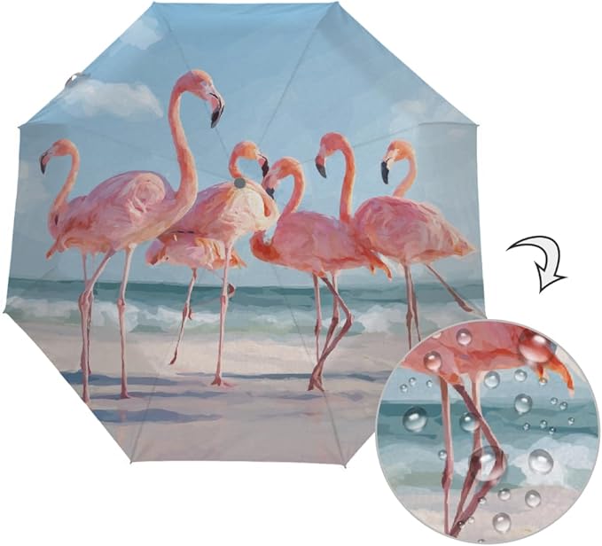 Auto Open Close Umbrellas for Rain and Sun,Folding Windproof Travel Umbrella Summer Pink Flamingos Artwork for Women Men