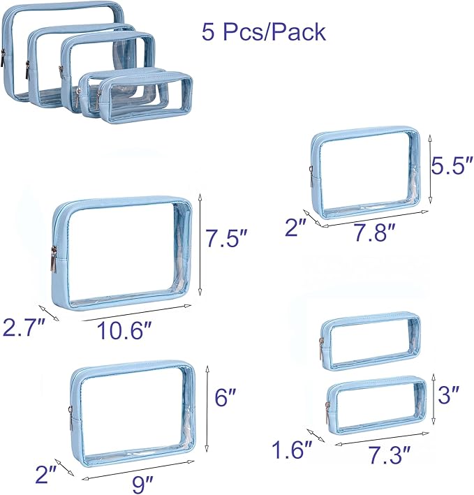 Remobia Hicol TSA Approved 5-Piece Diaper Bag Organizer Pouch Set Clear Waterproof TPU Kids Toiletry Storage Set Travel Packing Clutch Cube Bags for Baby Nursing (Blue)