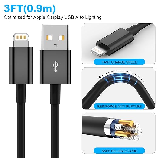 Snisre Car Carplay Cable, USB A to Lightning Cable 3FT Compatible with iPhone 14 13 12 11 Pro Max XR XS X Charger Cord，Car Charging Cord（Black）