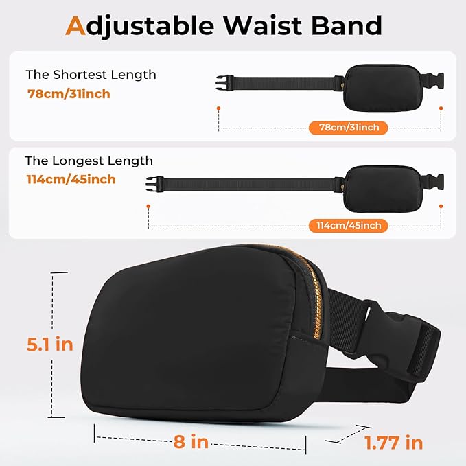 Belt Bag Zipper Fanny Pack Crossbody Bags for Women,Fashion Nylon Waist Packs, Water Repellent Two Way wear with Adjustable Strap Gifts for Teenage Girls Women Men(Black)