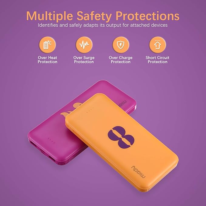 Miady 2-Pack 10000mAh Dual USB Portable Charger, Type-C Fast Charging Power Bank, Backup Battery Pack Compatible with iPhone 16/15/14/13 Galaxy S24/22 iPad Android etc (Yellow+Purple)