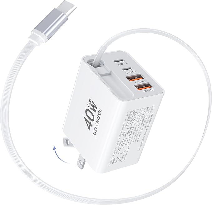 2026 Updated 40W Retractable Charger,4Port Travel Essentials Multiport,5-in-1 PD Wall Charger Block Plug+2.6ft Type C Cables, Fast Phone Charging Foldable Brick for iPhone 17/16/15 Pro Max,Galaxy