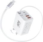 2026 Updated 40W Retractable Charger,4Port Travel Essentials Multiport,5-in-1 PD Wall Charger Block Plug+2.6ft Type C Cables, Fast Phone Charging Foldable Brick for iPhone 17/16/15 Pro Max,Galaxy
