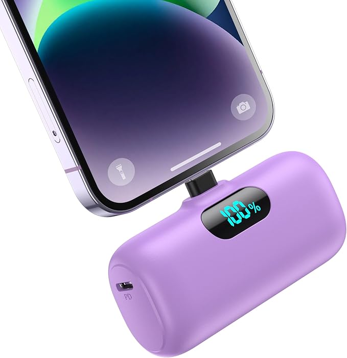Feob Small Portable Charger for iPhone,Upgraded 5000mAh PD Fast Charging Power Bank,Mini Battery Pack Backup Charger Compatible with iPhone 14/14 Pro Max/13/13 Pro/12 Pro/11/XS/XR/X/8/7/6-Purple