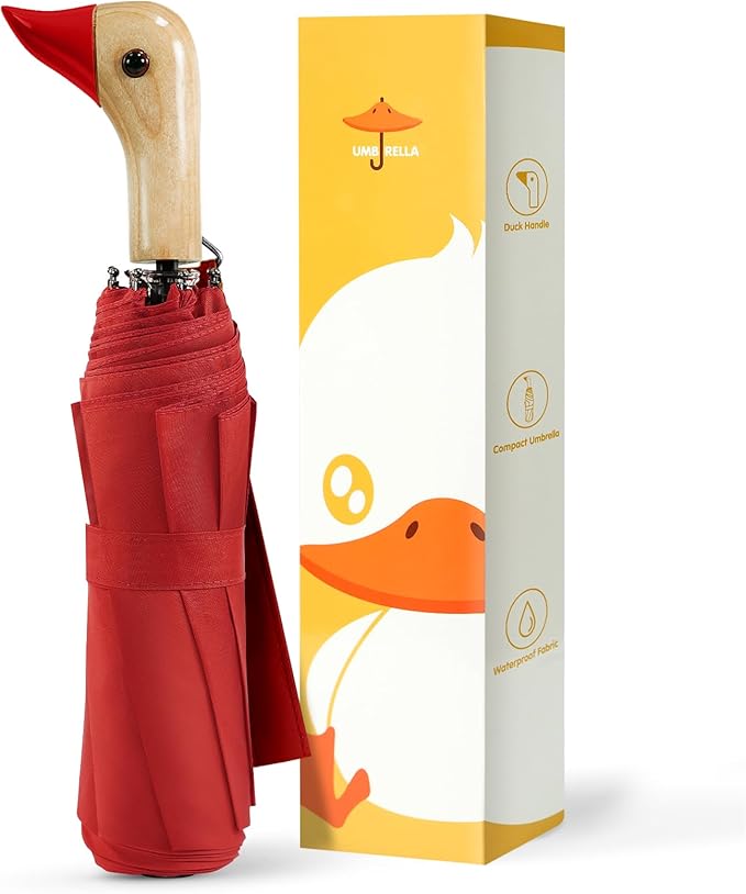 Compact Small Umbrellas for Rain&Sun, Cute Design Duck Head Umbrella for Girls Gifts, 8 Ribs Folding Umbrella with Wooden Handle