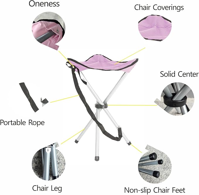 Folding Camping Stool,16.5" Folding Camping Chairs,Portable Tripod Seat,Outdoor Travel Tall Chair for Camping Walking Hunting Hiking Fishing Mountaineering Picnic Beach BBQ Garden Lawn(Pink)