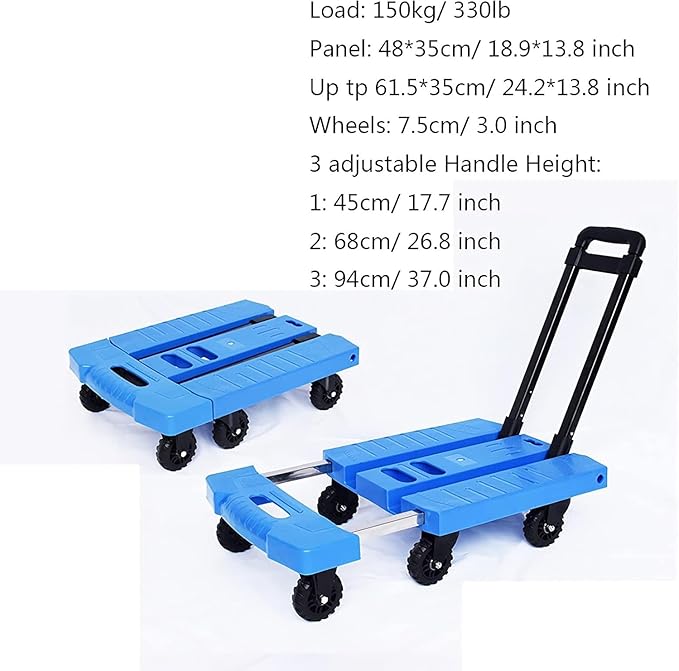 Heavy Duty Folding Hand Truck - 330 Lbs Capacity 6-Wheel Flatbed Trolley with Extendable, Portable Utility Cart for Home, Office, Travel & Shopping Blu 3inch