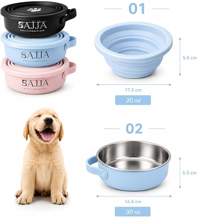 2-in-1 Travel Dog & Cat Bowl – Collapsible BPA-Free Silicone & 18/8 Stainless Steel, Portable & Non-Slip with Handle, Easy to Clean, Food & Water Bowl for On-the-Go Pets, Bottle/PoopBag Holder
