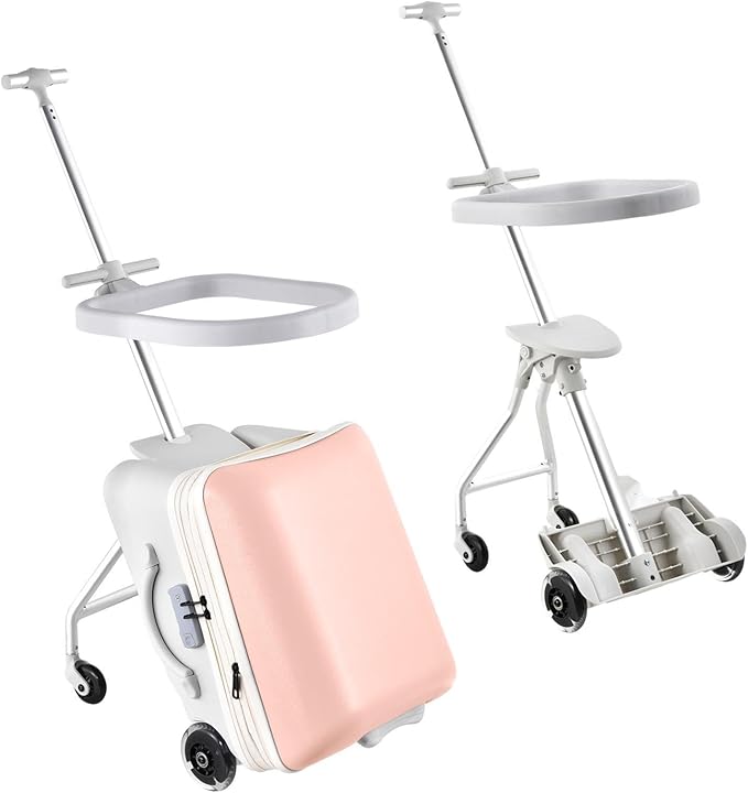 Kids Ride On Luggage with Seat, 20 inch Carry On Suitcase, 2-in-1 Children's Luggage with Spinner Wheels Detachable Seat and Safety Guardrail for Airplane & Travels