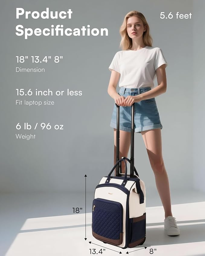Rolling Backpack for Women, Travel Backpack with Wheels, Vertical Storage Wheeled Laptop Backpack, Backpack on Wheels for College Business Work Overnight, Stylish Rolling Laptop Bag, Navy Blue