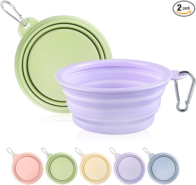 Collapsible Dog Bowls 2-Pack, Portable Travel Dog Bowl with Carabiner, Food-Grade Silicone Pet Bowl for Hiking, Walking(Macaron Violet and Green)