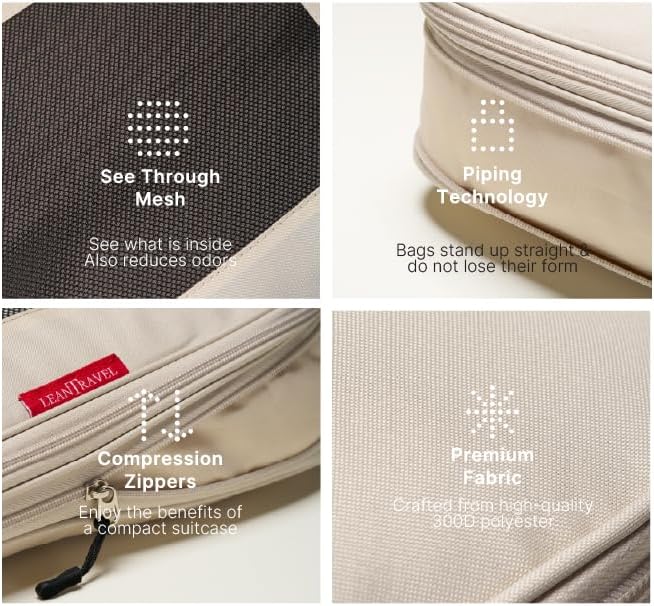 LeanTravel Premium Compression Packing Cubes for Travel - Suitcase Organizer Bags with Double Zipper & Breathable Mesh Panel - Space Saving Carry On Luggage Essentials (4-Pack, Sand)