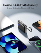 Portable Charger with Built-in Cables & Wall Plug, 10000mAh Power Bank, 4 Outputs 22.5W USB C Fast Charging, Mini Travel Essentials Battery Pack with LED Display for iPhone/iPad/Samsung etc Black