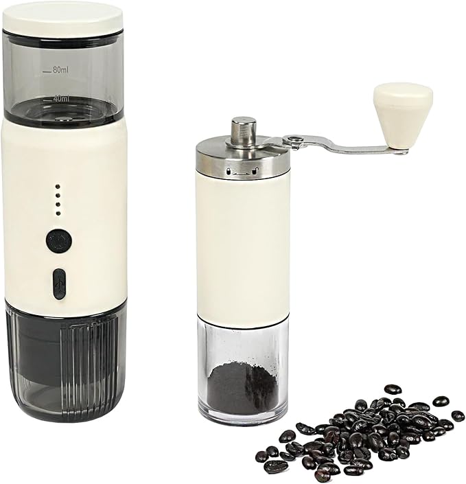 HAWOK Portable Espresso Coffee Machine & Manual Coffee Grinder Set, 80ml Water Tank, for Camping, Hiking, RV, Office, Home & Car