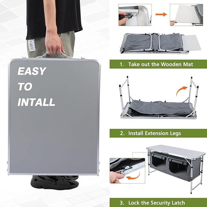 JOUYEK Camping Table, Folding Camping Table with Storage, Portable Kitchen Table, Lightweight, 3 Heights Adjustable Camping Furniture for BBQ, Picnic, Camping, Hiking, Beach, and Indoor