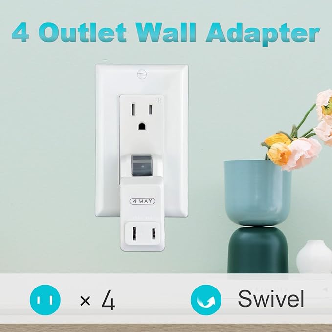 SYCON Outlet Wall Adapter, 2-Prong Swivel Ungrounded Indoor AC Mini Plug Wall Tap-White (4 Way-2 Pack)