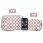 Narwey Checkered Makeup Bag Pink Travel Cosmetic Bag Organizer Toiletry Bag Make Up Bags with Compartments for Women Girls (Large, Dusty Rose Checkerboard)