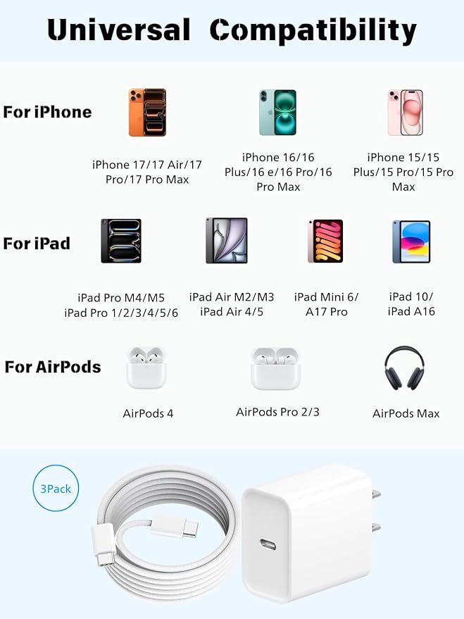 iPhone 17 Pro Max Charger Fast Charging,3Pack 20W Apple USB C Charger Block Comes with 10FT USBC to USBC Woven Cable Compatible with iPhone 17/Air/17Pro/16 ProMax/16e/15 Plus,iPad Pro/Air/Mini,AirPods
