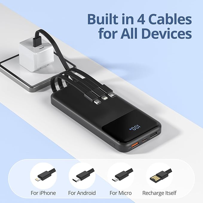 Portable Charger with Built in Cables, Power Bank with Cords Wires, Slim 10000mAh Travel Battery Pack 6 Outputs 3 Inputs 3A Fast Charging for Samsung Google Pixel LG Moto iPhone iPad, 1 Pack