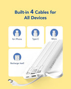 VRURC Portable Charger, Built-in Cables Power Bank 10000mAh, LED Display Slim USB C Battery Pack with 5 Output 2 Input for iPhone, Samsung, Android etc-White(1 Pack)