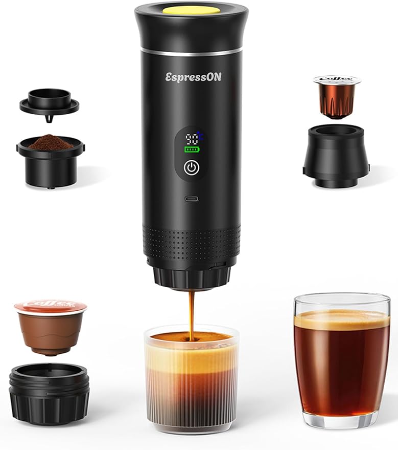 Portable Espresso Coffee Maker Rechargeable Self Heating Machine For Travel Car 3 in 1 Ground Coffee and NS Capsules 20 Bar Pressure Smart LED Display Camping Office Home Car RV Travel USB C (BLACK)