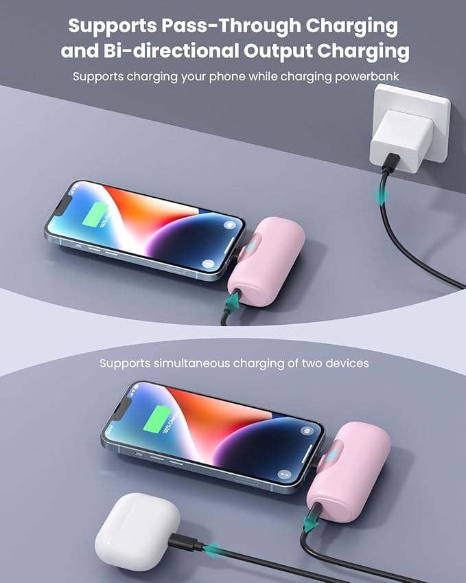 Mini Portable Charger for iPhone,Upgraded 22.5W PD Fast Charging 5500mAh Ultra-Compact Power Bank,LCD Display Plug-in Cute Battery Pack Travel Essentials for iPhone 14/14Pro/13/12/11/X/8/7/6plus-Pink