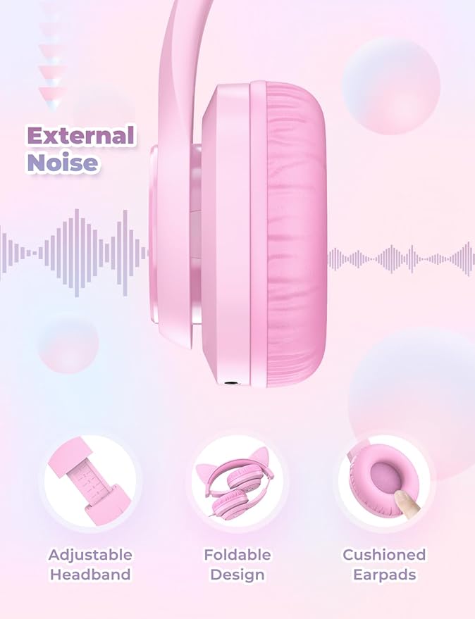 iClever Kids Headphones with Cat Ear Led Light Up, Safe Volume Limite, FunShare, Foldable, Over-Ear Headphones for Kids for School/iPad/Tablet/Travel, Meow Donut-Pink