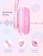 iClever Kids Headphones with Cat Ear Led Light Up, Safe Volume Limite, FunShare, Foldable, Over-Ear Headphones for Kids for School/iPad/Tablet/Travel, Meow Donut-Pink
