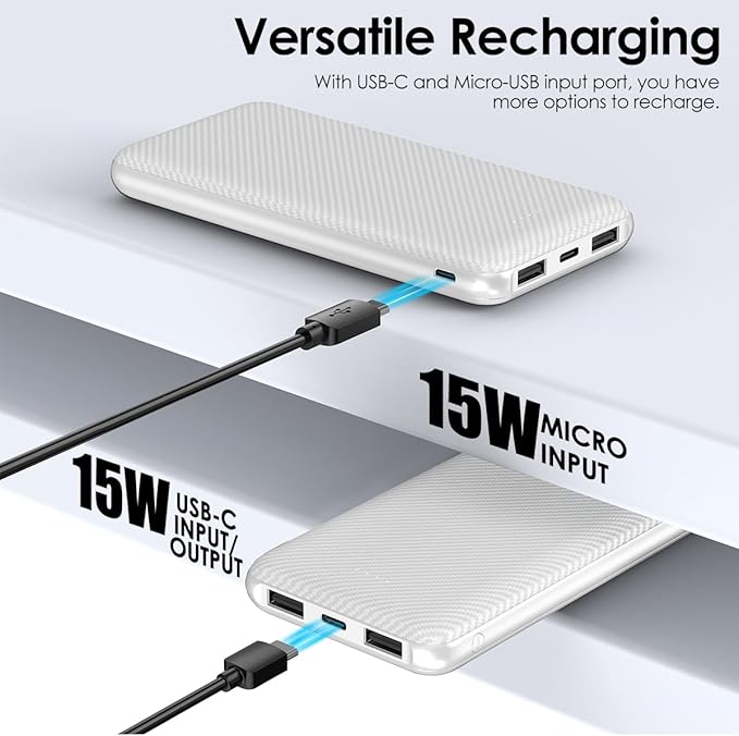 Power Bank 10000mAh Portable Charger, Slimmer Battery Pack 5V/3A with USB C Input & Output, Travel Essentials Powerbank Compatible for iPhone, Galaxy, LG, Sony, Pixels, Tablets and More (White)
