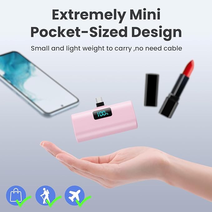 Mini Portable Charger USB C Power Bank,Upgraded 5500mAh PD Fast Charging Battery Pack Built-in USB-C Connector Travel Essential for iPhone17/17Pro/17Pro Max/Air/16 Plus/16Pro Max/15 Series -Pink