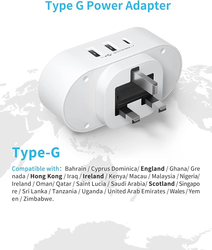 US to UK Ireland Travel Plug Adapter 2 Pack, VINTAR Type G Plug Adapter with 2 Outlets 3 USB Ports(1 USB-C), UK Power Adaptor for USA to England Scotland Dubai Hong Kong British Kenya London