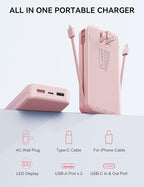 Portable Charger, 20000mAh 22.5W Fast Charging Power Bank with Built-in Cables & Wall Plug, USB C External Battery Pack with LED Display, Travel Essentials Phone Charger for iPhone iPad Samsung Pink