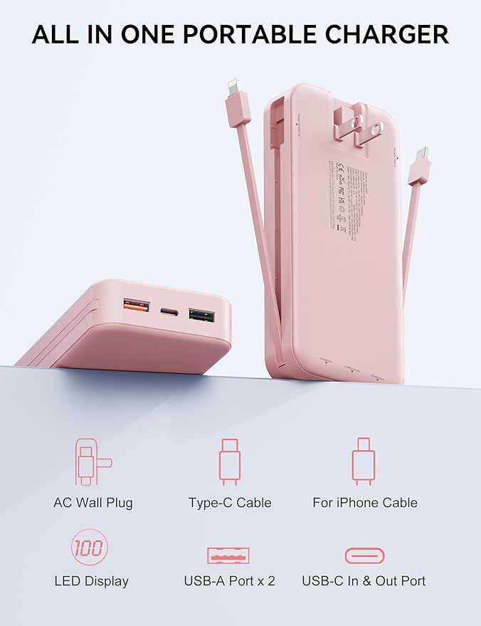 Portable Charger, 20000mAh 22.5W Fast Charging Power Bank with Built-in Cables & Wall Plug, USB C External Battery Pack with LED Display, Travel Essentials Phone Charger for iPhone iPad Samsung Pink