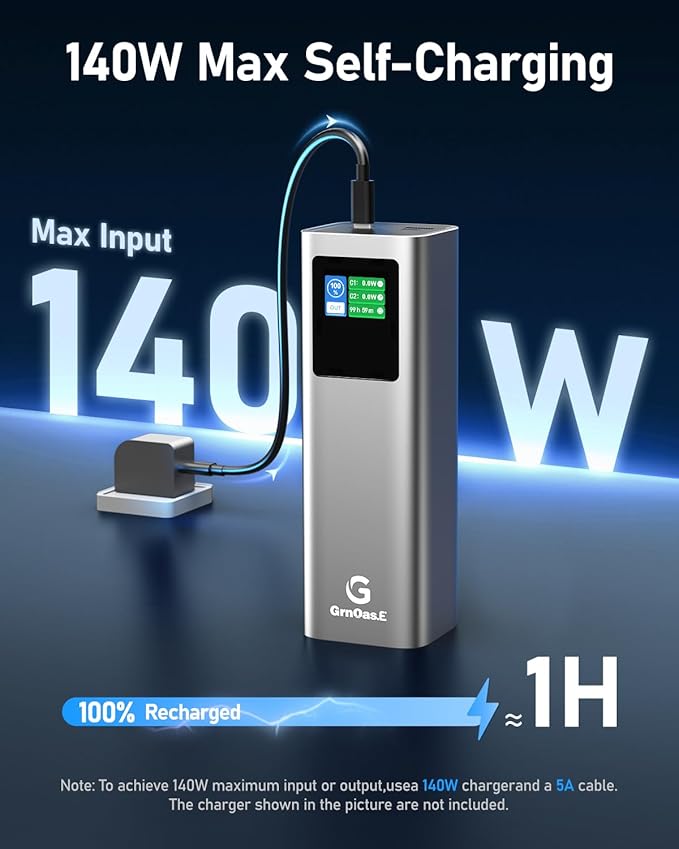 27000mAh Power Bank, 140W Laptop Portable Charger with PD 3.1 Fast Charging, Smart Sisplay, 99Wh Battery Bank for MacBook Pro/Air, iPad Pro, iPhone17/16 Series, Samsung and More(Silver Gray)