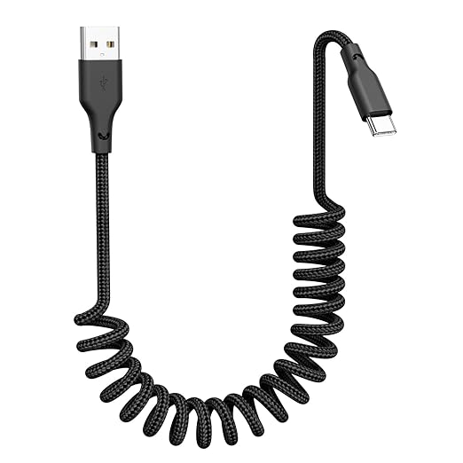 Quickeep Car Carplay Cable 3ft Coiled USB A to USB C Fast Charge Cord for iPhone 16/15/Plus/Pro Max/MacBook Pro, Auto Coiled Retractable iPhone Car Cord