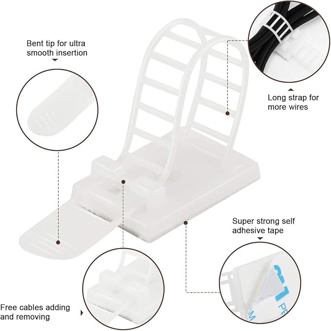 50Pcs Adhesive Cable Management Clips with 50Pcs Zip Ties, Adjustable Nylon Cable Strap Ties Wire Clips Clamps Organizer, Extra Screw & Hole - 3.35 Inch White
