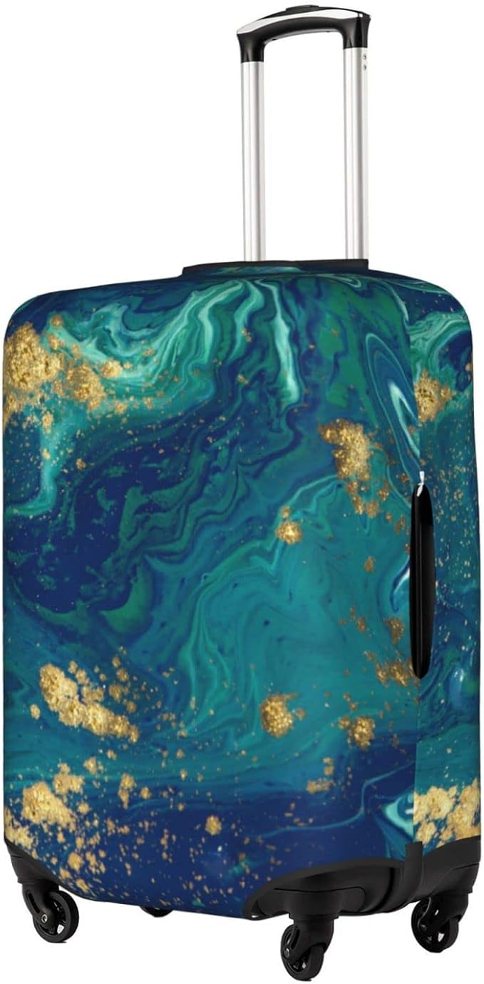 Travel Luggage Cover Protector, Gold Blue Abstract Marble Washable Elastic Baggage Cover Anti-scratch Double-sided with Zipper Closure for Wheeled Suitcase Fits 18-21 Inch Luggage