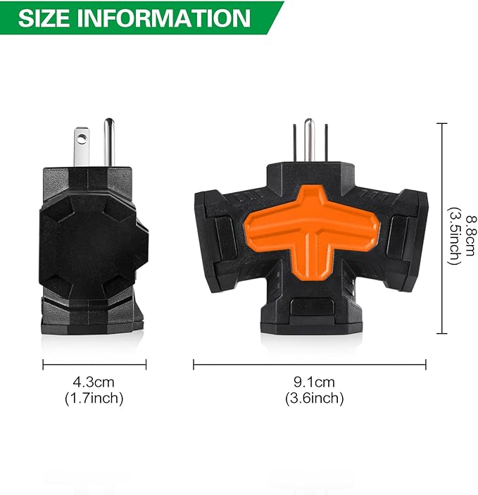 3 Outlet Indoor Outdoor Wall Adapter, ETL Listed 3-Prong Grounded Outlet Splitter, Weatherproof Heavy Duty Multi Outlet Power Plug Extender with Protective Cover, Black (Orange, 2 Pack)