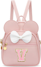 KKXIU Girls Initial Bowknot Cute Mini Backpack for Toddler, Travel Small Girl Backpacks, Personalized Birthday Gifts for Little Girls and Kids(V, Pink)