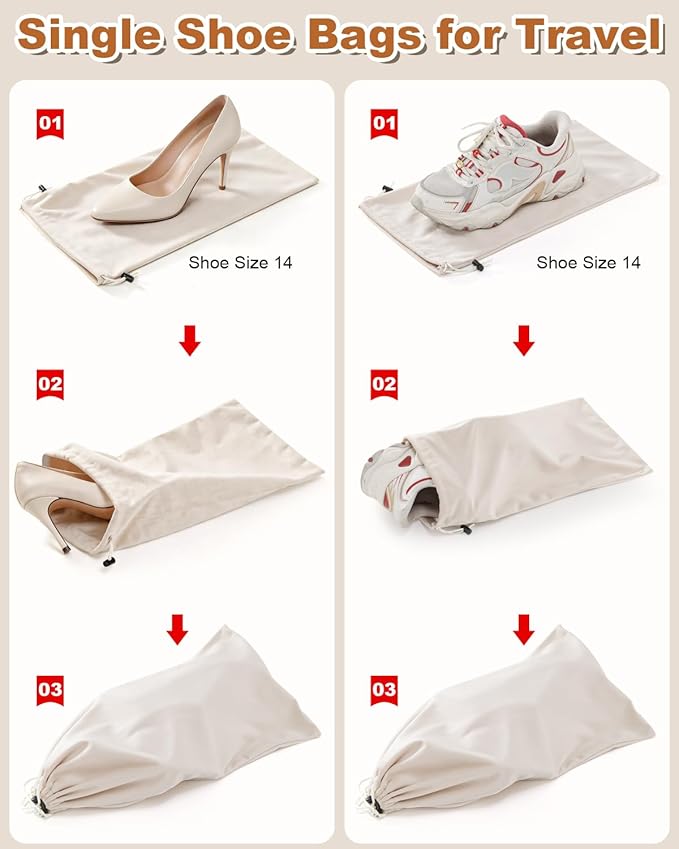 6 Pcs Single Shoe Bags for Travel, 17.3"x8.6" Washable Travel Shoe Bags for Packing in Suitcase, Velvet Dust Bag with Drawstring, Shoe Pouch for Women and Men, Travel and Home Storage (Beige)
